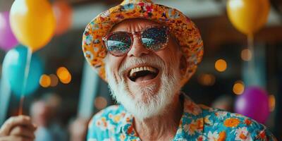 Elderly man wearing colorful outfit and sunglasses enjoys a festive gathering with balloons at a cheerful celebration photo
