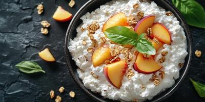 Delicious bowl of cottage cheese topped with fresh peaches and granola on a dark textured background photo
