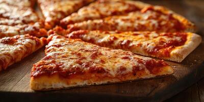 Freshly baked slices of cheesy pizza served on a wooden board at a cozy restaurant photo