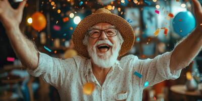 Joyful celebration of an elderly man with a straw hat surrounded by colorful confetti and cheerful decorations photo