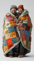 Couple enjoying warmth and comfort under colorful patchwork quilt in cozy indoor setting photo