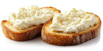 Creamy spread on toasted bread served at breakfast in a cozy kitchen setting photo