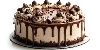 Decadent chocolate cake adorned with coffee beans and chocolate curls on a clean white background photo