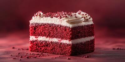Delicious red velvet cake with cream frosting and sprinkles on a dark background photo