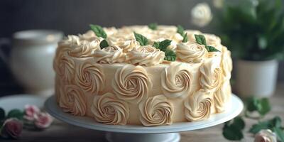 Beautifully decorated buttercream rose cake on a white stand in a cozy setting with floral accents photo