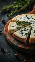 Gourmet cheese with herbs displayed on a wooden board in an inviting setting photo