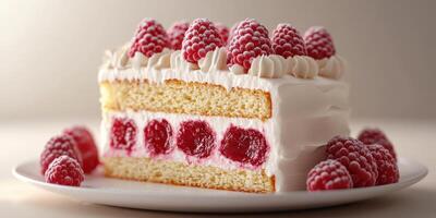 Fresh raspberry cake with layers of cream and jelly served on a white plate in a cozy setting photo