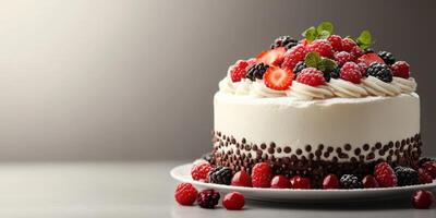 Deliciously decorated cake topped with fresh berries and mint leaves on a gray background photo