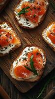 Delicious smoked salmon toast with cream cheese and herbs served on a wooden board photo