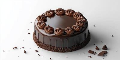 Delicious chocolate cake with glossy frosting and decorative swirls on top ready to be served photo