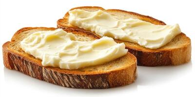 Butter spread on toasted bread slices in a bright kitchen setting during morning hours photo