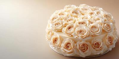 Elegant wedding cake adorned with delicate rose decorations in a soft warm setting photo