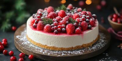 Delicious cheesecake topped with fresh raspberries and cranberries on a wooden board during a festive gathering photo