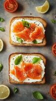 Slices of toasted bread topped with salmon and fresh basil, showcasing vibrant colors and textures on a rustic surface photo