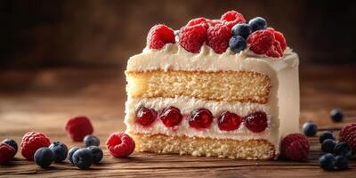 Delicious layered cake with fresh berries served on rustic wooden table at a cozy dessert shop in the evening photo