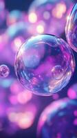 Colorful soap bubbles floating in the air, shimmering with light, creating a vibrant display of colors and reflections photo
