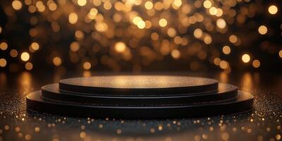 Stellar illuminated podium with shimmering backdrop for awards in a celebratory event setting at night photo