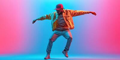 Dynamic urban dancer expresses movement in vibrant blue and pink lighting at an indoor venue during an evening performance photo