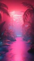 Vibrant neon-lit river surrounded by lush palm trees in a foggy tropical setting at night photo
