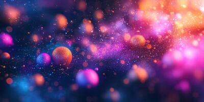 Vibrant cosmic landscape filled with swirling colors and celestial spheres in a dark, starry space setting photo