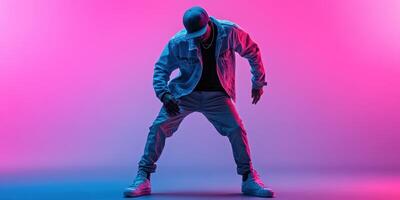 Dynamic dancer showcasing urban style against vibrant pink and blue background in a studio setting photo