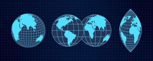 Geometric 3D wireframe spheres with grid lines and digital mesh. Global abstract planet shapes with blue latitude and longitude patterns. Futuristic y2k cyberpunk style. vector