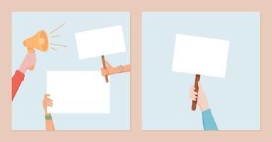Diverse hands hold blank signs and a megaphone. People use this social media template set for protest, demonstrating community support with placards and emphasizing strength and unity through banners. vector