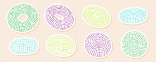 Brightly colored torus shapes in 3D with grid and wireframe mesh patterns. Abstract and retro Y2K donut sticker design, with vibrant geometric and futuristic elements. vector
