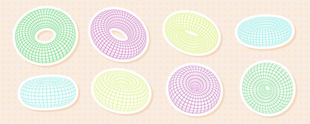 Brightly colored torus shapes in 3D with grid and wireframe mesh patterns. Abstract and retro Y2K donut sticker design, with vibrant geometric and futuristic elements.