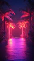 Vibrant neon lights illuminate palm trees lining a tranquil waterway at night photo