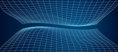 Abstract 3D grid shape with blue wireframe lines. Futuristic mesh and y2k design in geometric pattern. Digital art with tech elements and cyber style. Psychedelic structure. vector
