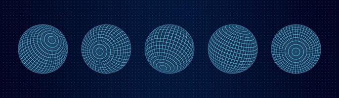 A set of 3D wireframe mesh spheres aligned on a dotted grid background. The abstract geometric shapes utilize a Y2K retro design combined with futuristic digital elements. vector