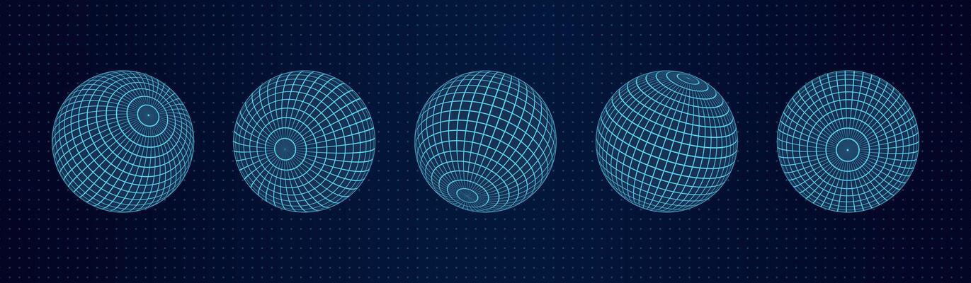 A set of 3D wireframe mesh spheres aligned on a dotted grid background. The abstract geometric shapes utilize a Y2K retro design combined with futuristic digital elements.