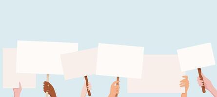 Diverse hands hold blank protest placards and signs. People join in the demonstration, raising banners template high. This scene represents unity and collective strength in the community protest. vector