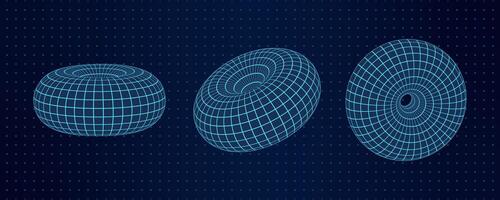 This image features three 3D wireframe mesh toruses positioned against a dotted grid background. The abstract geometric shapes exhibit a retro Y2K aesthetic with futuristic and digital design elements vector