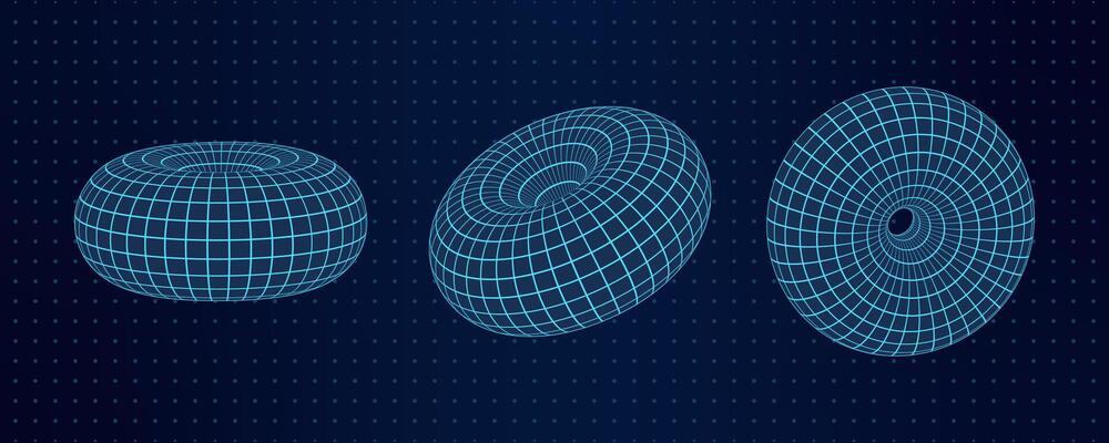 This image features three 3D wireframe mesh toruses positioned against a dotted grid background. The abstract geometric shapes exhibit a retro Y2K aesthetic with futuristic and digital design elements