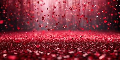 Vibrant red confetti falling gracefully on a sparkling surface during a festive celebration at night photo