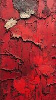 Red wall with cracked paint reveals layers of texture and color in an urban setting photo