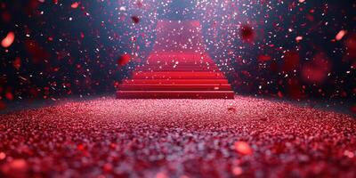 Red carpet entrance with cascading rose petals creating a glamorous atmosphere for an event at night photo