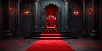 Regal red throne in an opulent dark chamber with elegant columns and warm lighting creating a dramatic atmosphere photo
