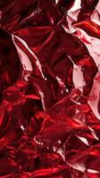 Shimmering red crumpled foil reflecting light in intriguing patterns during a close-up study photo