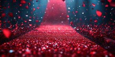Sparkling red carpet adorned with rose petals and shimmering confetti in a glamorous setting photo