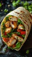 Savory chicken wrap filled with fresh lettuce and tomatoes, perfect for a quick lunch or dinner option photo
