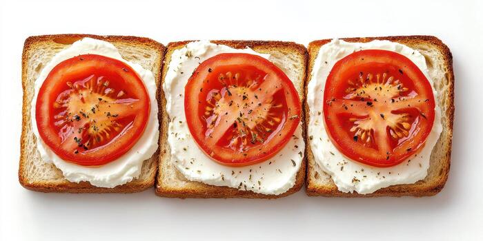 Toast with cream cheese and fresh tomato slices garnished with pepper in a minimalistic setting photo