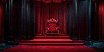 Majestic red velvet throne on a grand stage with dark pillars and luxurious drapery photo