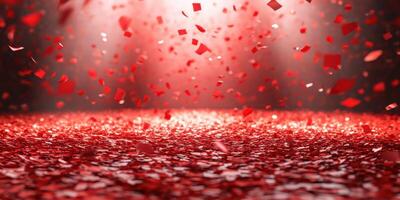 Red confetti falls gracefully on a bright stage during an exciting celebration or event photo
