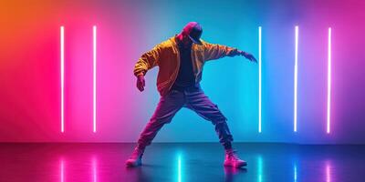 Energetic dance performance with colorful neon lights in a modern studio setting photo