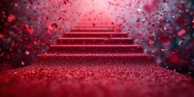 Staircase covered in red glitter with confetti falling in a festive atmosphere photo