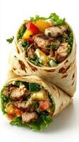 Delicious grilled chicken wraps filled with fresh vegetables served on a white background photo