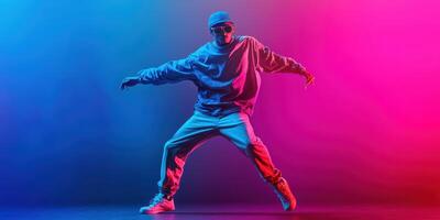 Dynamic hip hop dancer performs under bright blue and pink lights in an urban setting during a late-night event photo